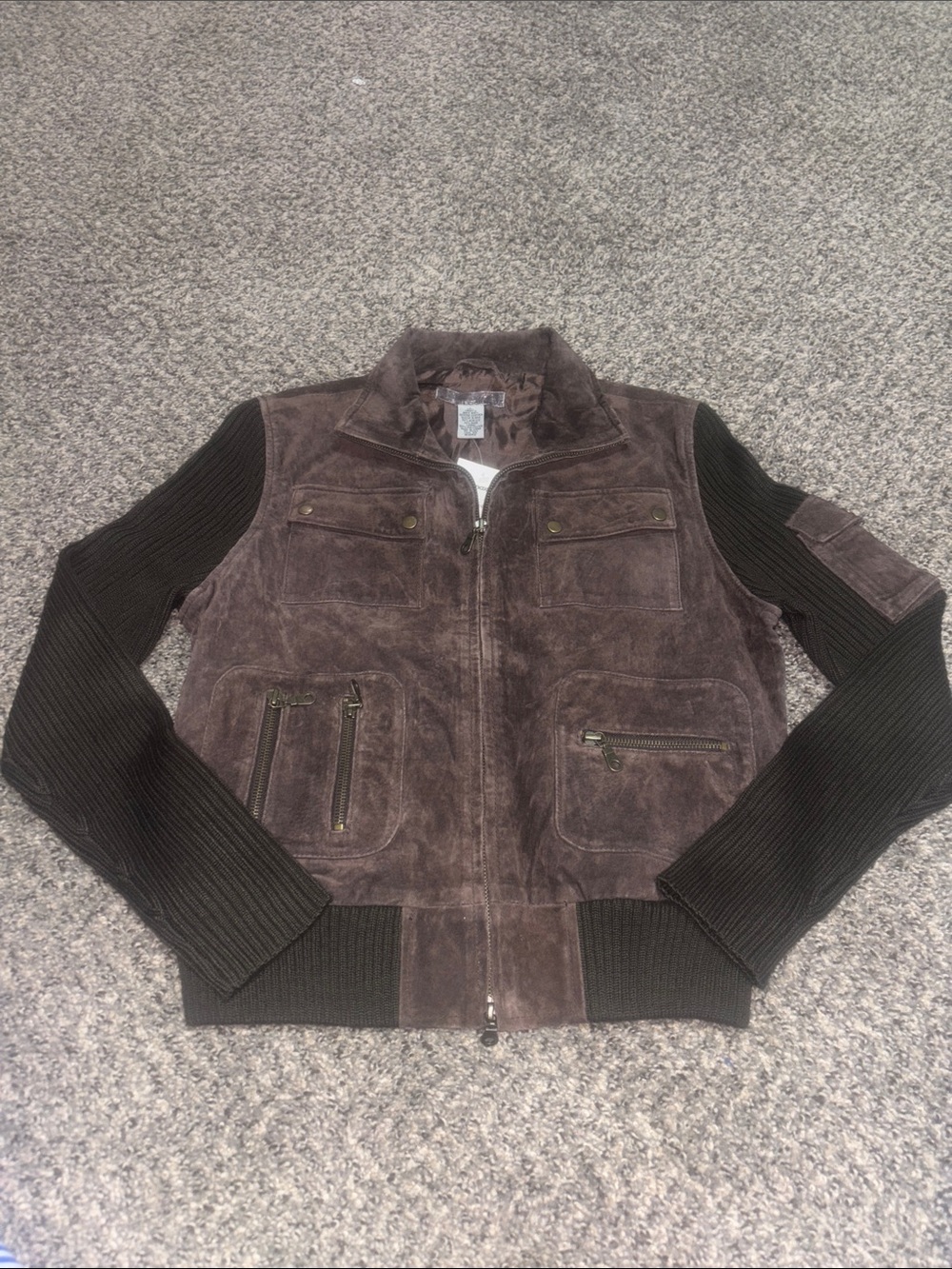 Suede leather Bomber Jacket with Knit Sleeves - Dark Brown